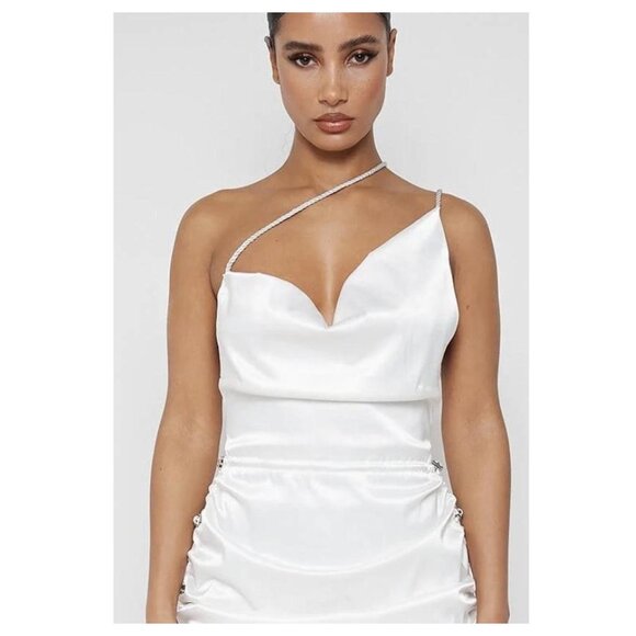 Maniere De Voir NWT White Satin Ruched Side Rope Mini Dress Sze 14 Clubwear Sexy - Picture 3 of 12